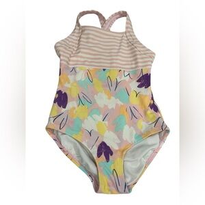 Hanna Andersson Girls One Piece Floral Striped Crossback Strap Swimsuit - 110/5
